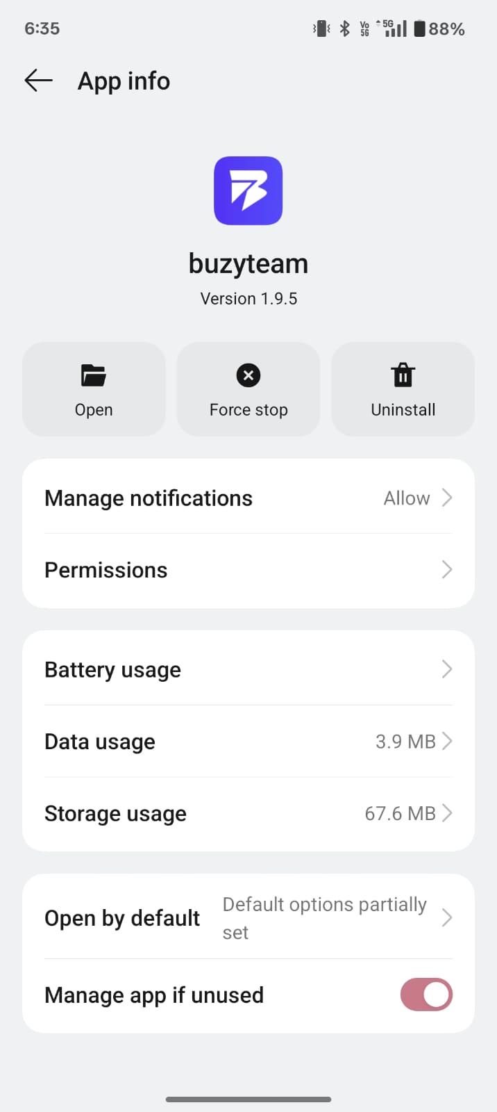 The App Information screen provides device-level settings and controls for managing the BuzyTeam mobile application.