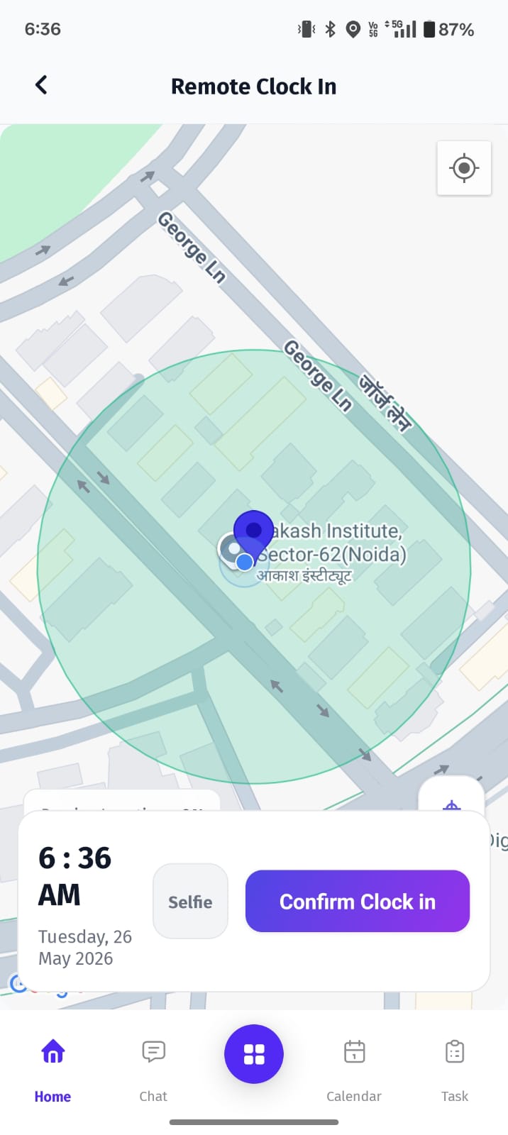 The Remote Clock In screen in the BuzyTeam mobile app allows users to record their attendance from a remote location using GPS verification.