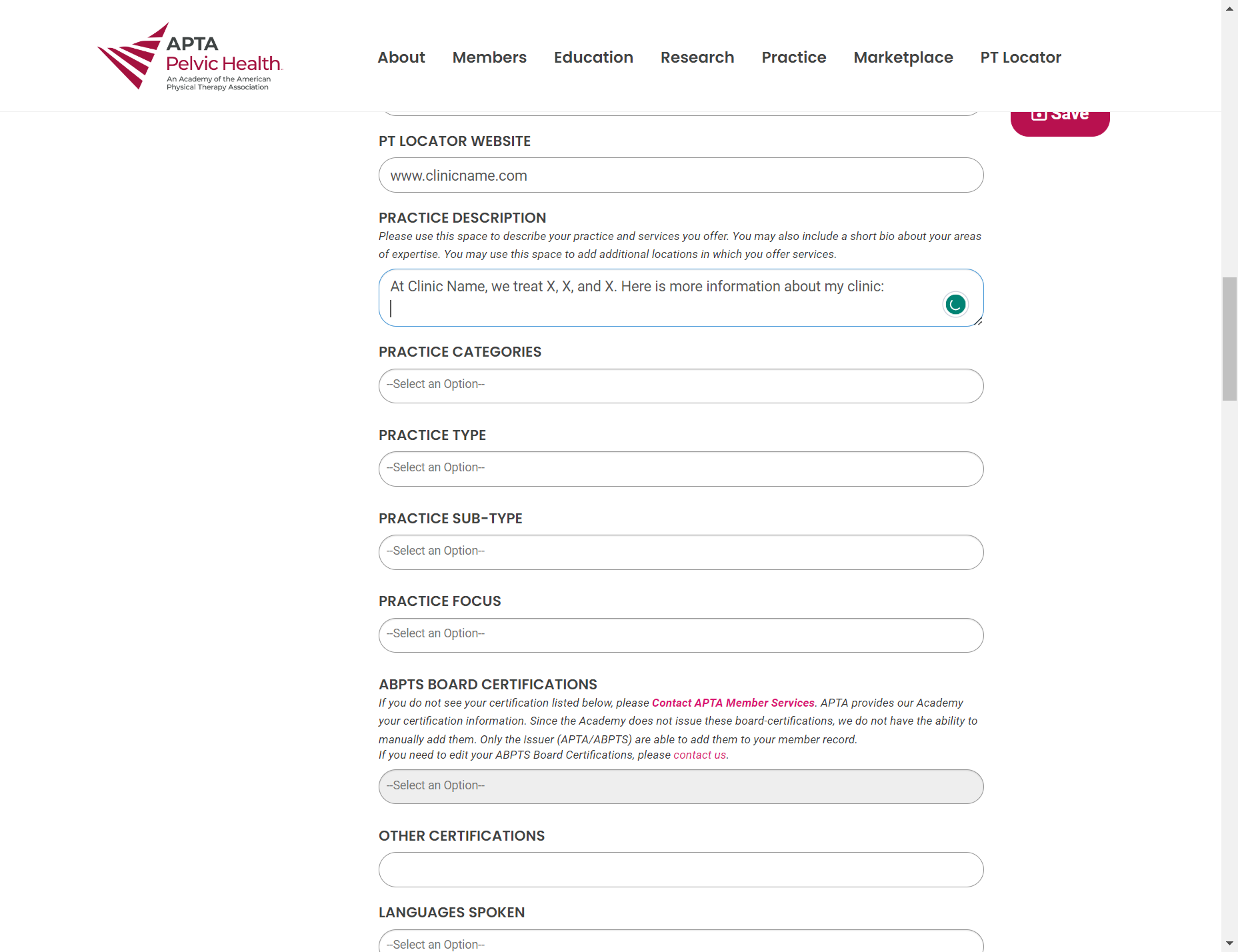 In the "Practice Description" field, describe your practice and your services. This is a great place to also list any additional clinic addresses you have. TIP: We also recommend you type a bio about yoursel under the "Professional Bio" field, it als