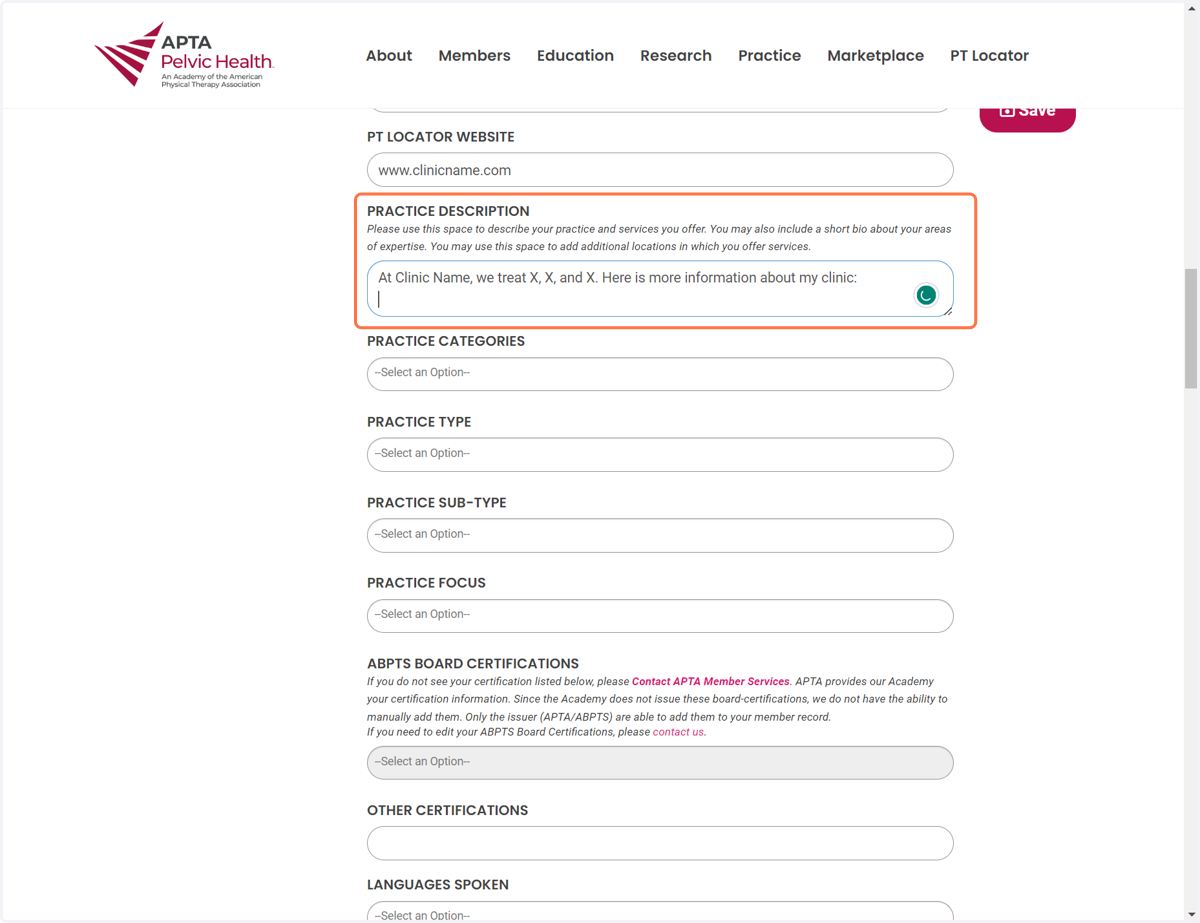 In the "Practice Description" field, describe your practice and your services. This is a great place to also list any additional clinic addresses you have. TIP: We also recommend you type a bio about yoursel under the "Professional Bio" field, it als