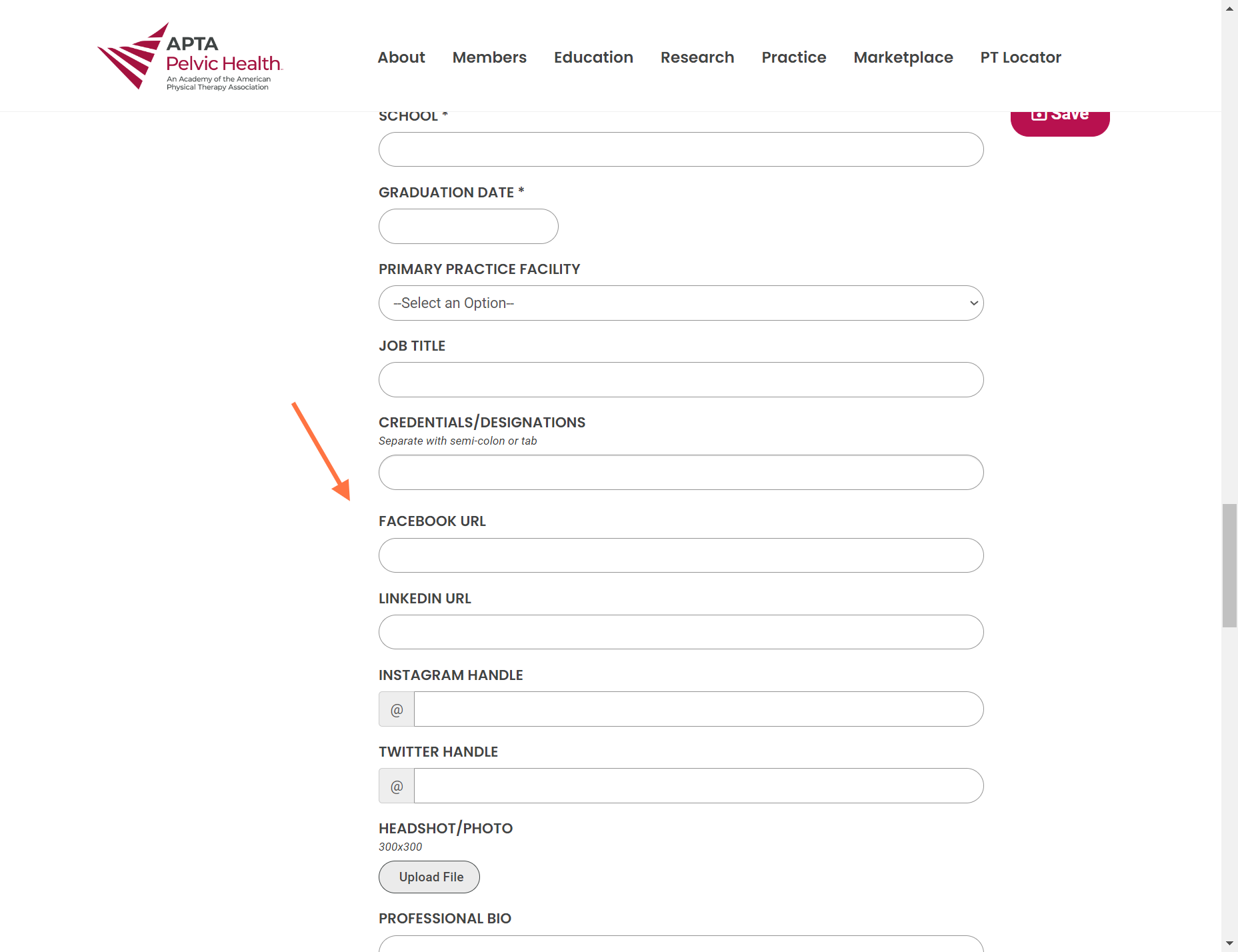 Enter all your practice's social media handles or your professional social media handles. These will appear with your PT Locator listing and your Member Directory listing. For Facebook & LinkedIn, your link must start with "https://www."