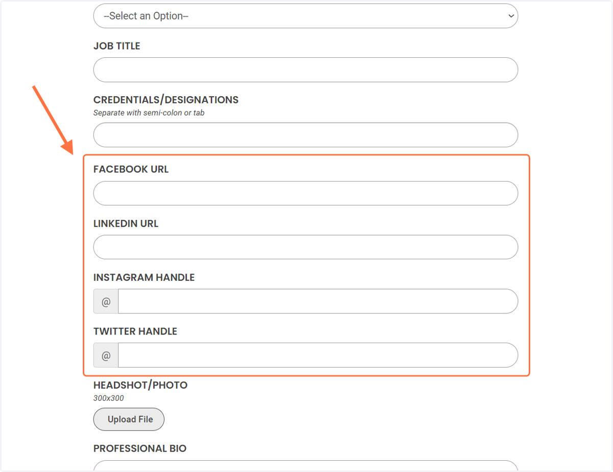 Enter all your practice's social media handles or your professional social media handles. These will appear with your PT Locator listing and your Member Directory listing. For Facebook & LinkedIn, your link must start with "https://www."