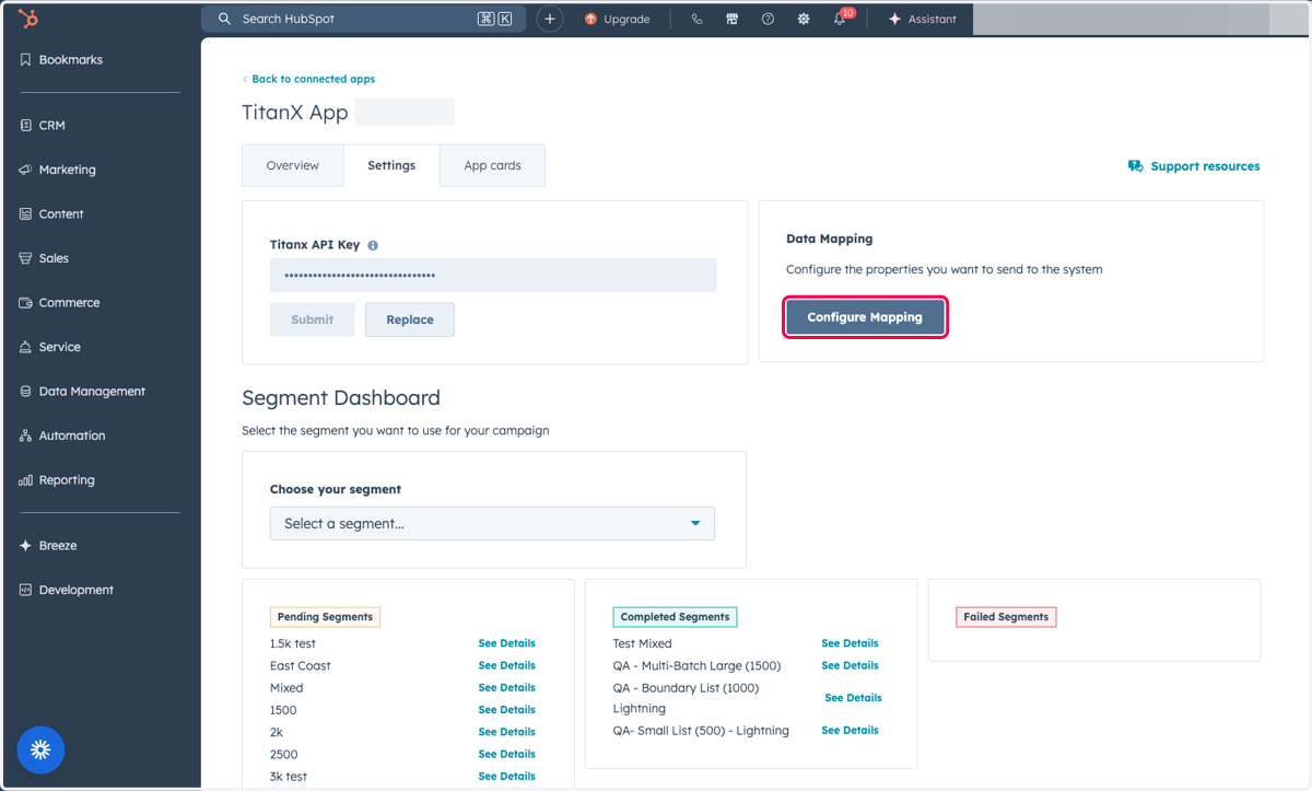 Within the TitanX Settings Page, Click on Configure Mapping to auto-generate this property