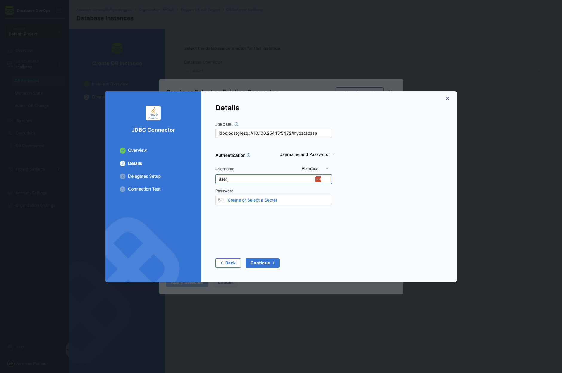 Click on Create or Select a Secret to add the password for the DB