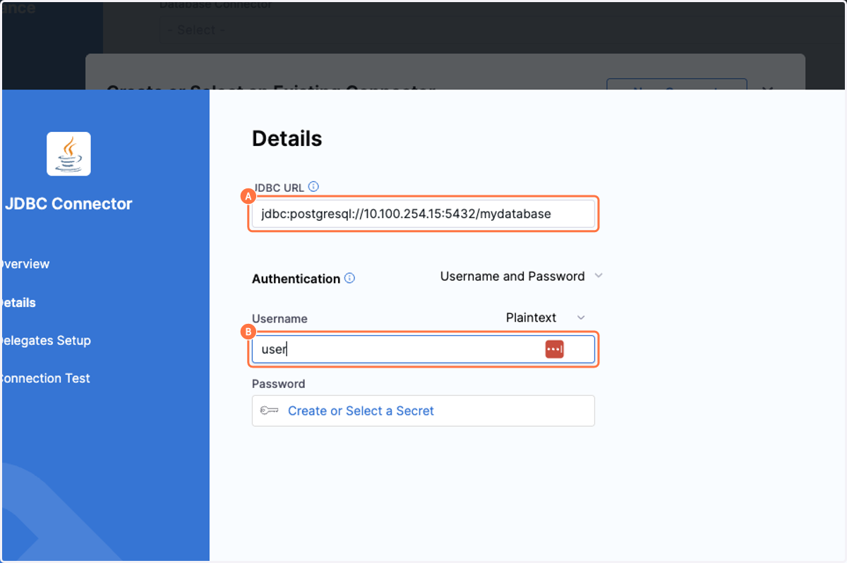 A. Enter the JDBC Connection String B. Enter the Username for the DB Connection