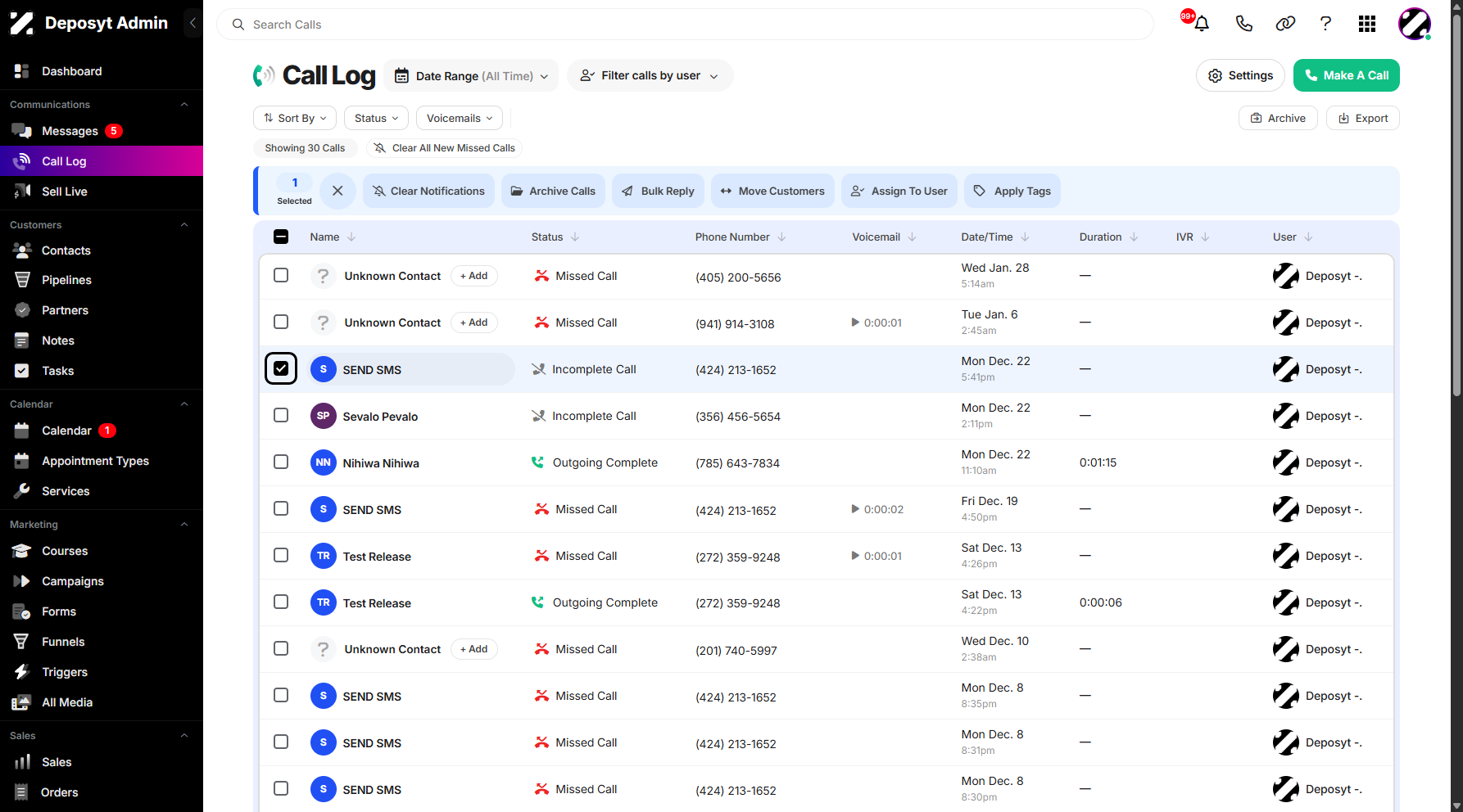 Step 3: To enable the Clear Notification action, select a call history entry from the list by clicking its checkbox.