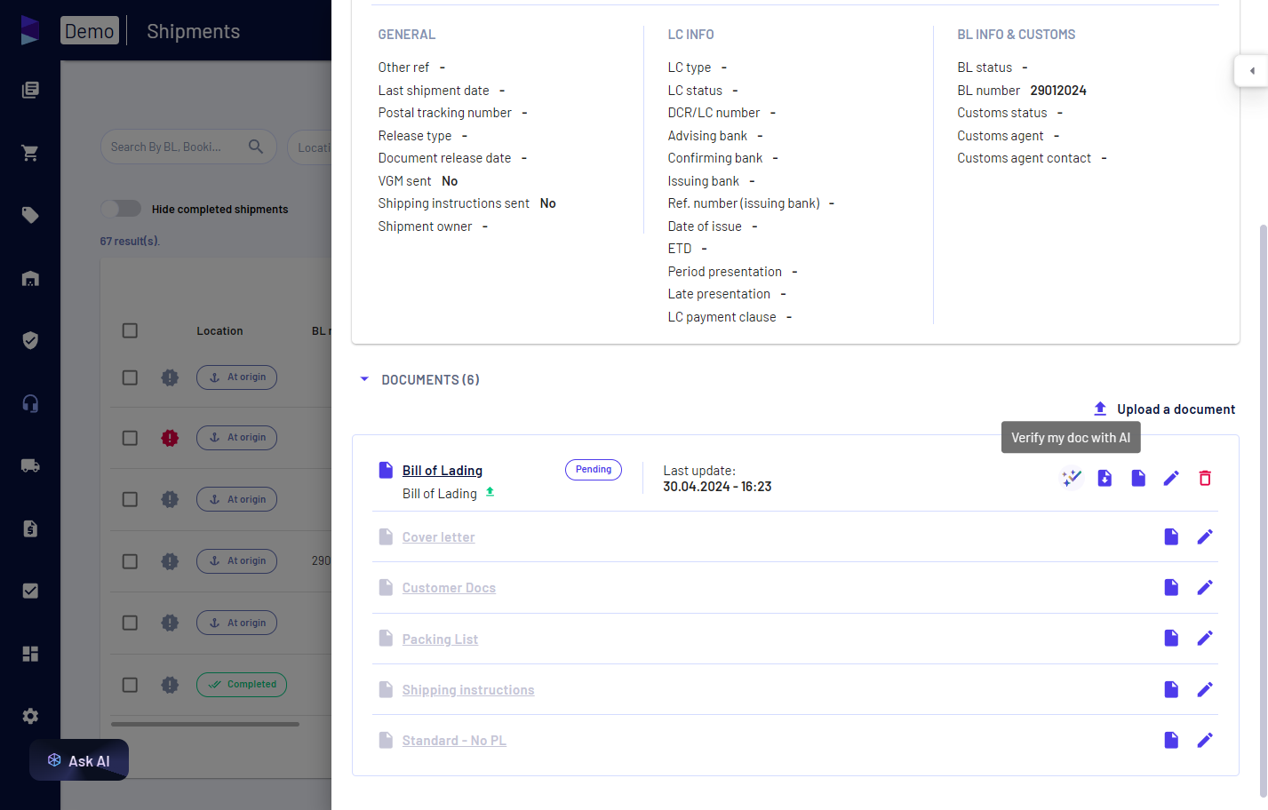 Alternatively, you can click on 'Verify my doc with AI' button after uploading the BL