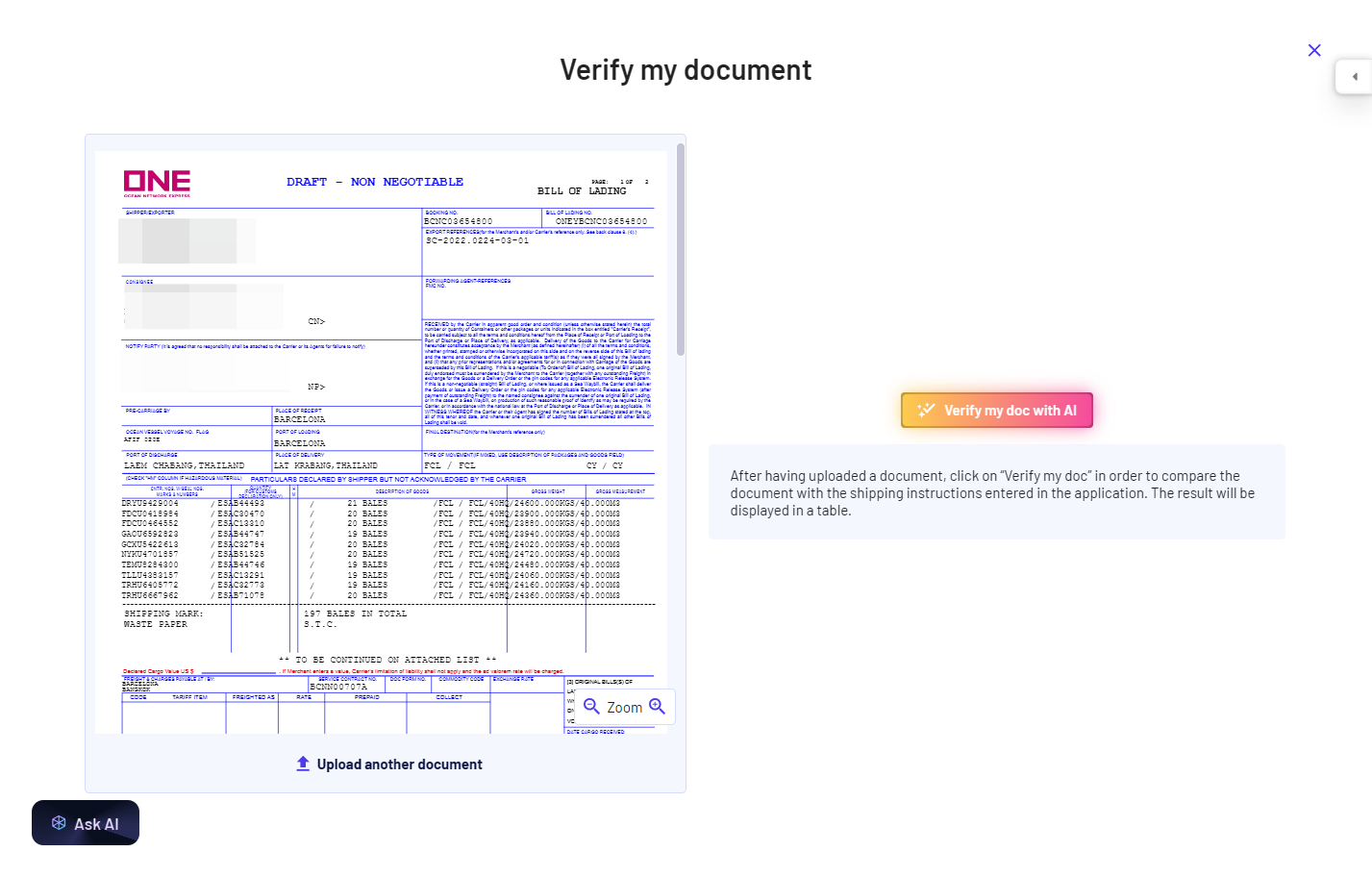 Click on 'Verify my doc with AI' and AI will start checking the BL