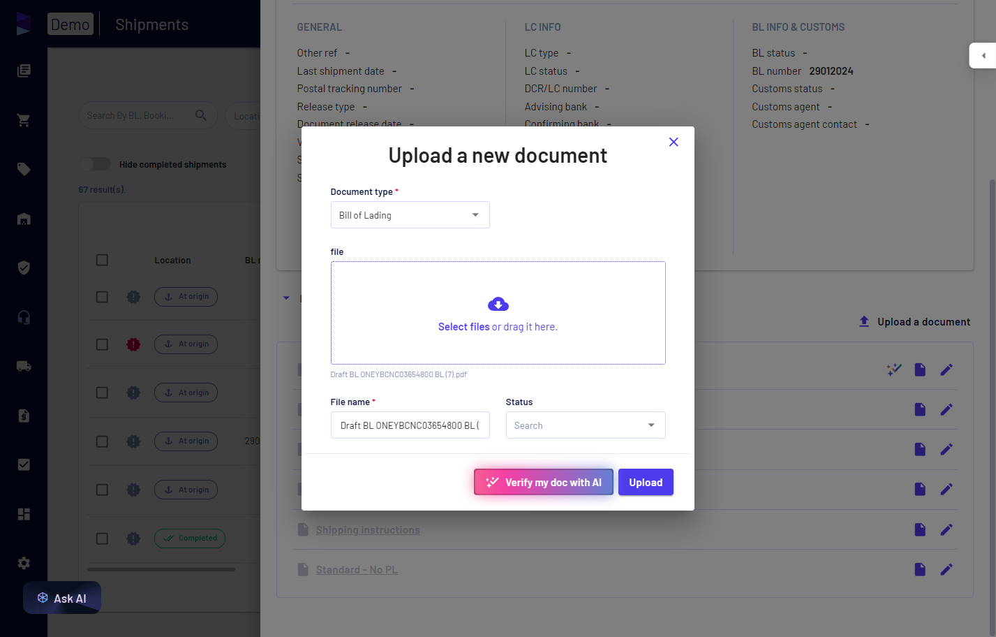 Upload BL and click on 'Verify my doc with AI'