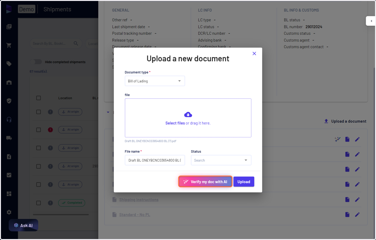 Upload BL and click on 'Verify my doc with AI'
