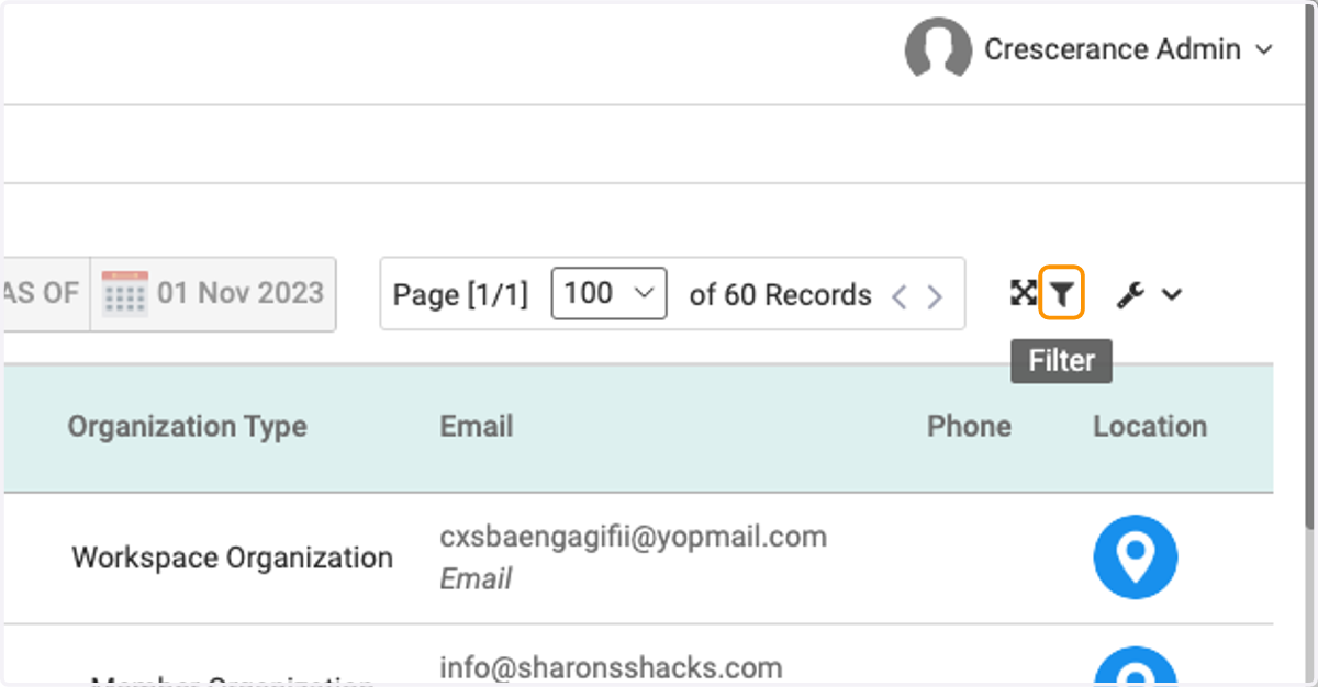Click on the filter icon to filter and sort your list of organizations