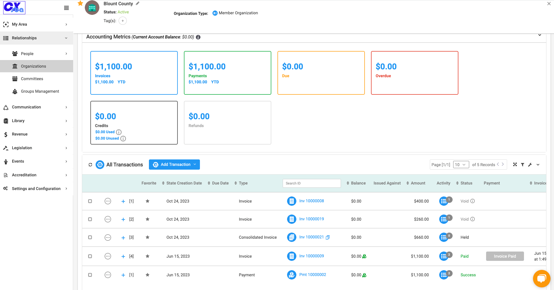 Here you can view all the financial transactions and their statuses.
