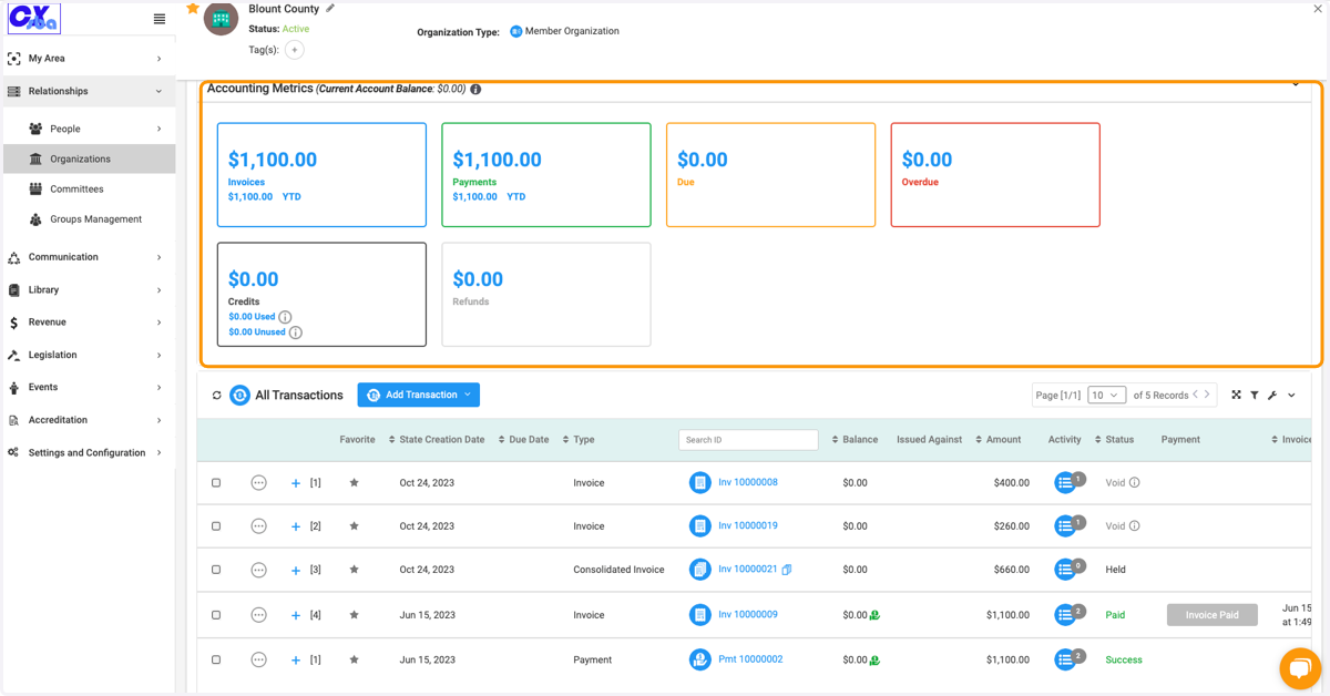 Here you can view all the financial transactions and their statuses.