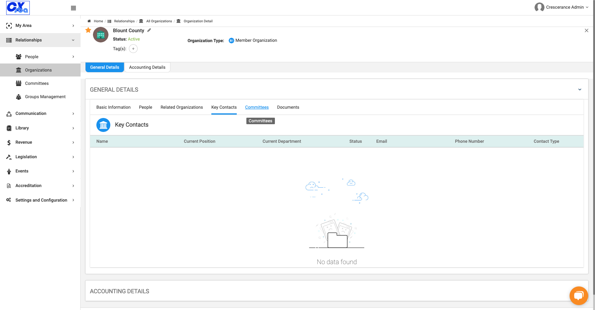 Click on Committees to view any committees the organization may be associated with