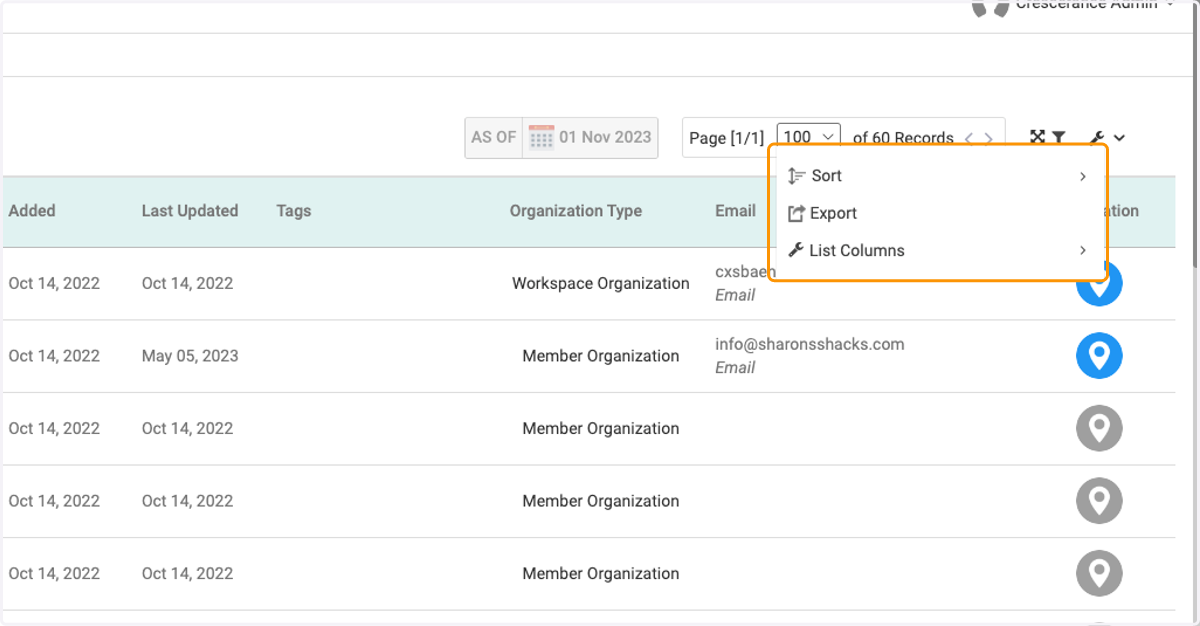 You can either sort, export list of organizations or rearrange the columns/view