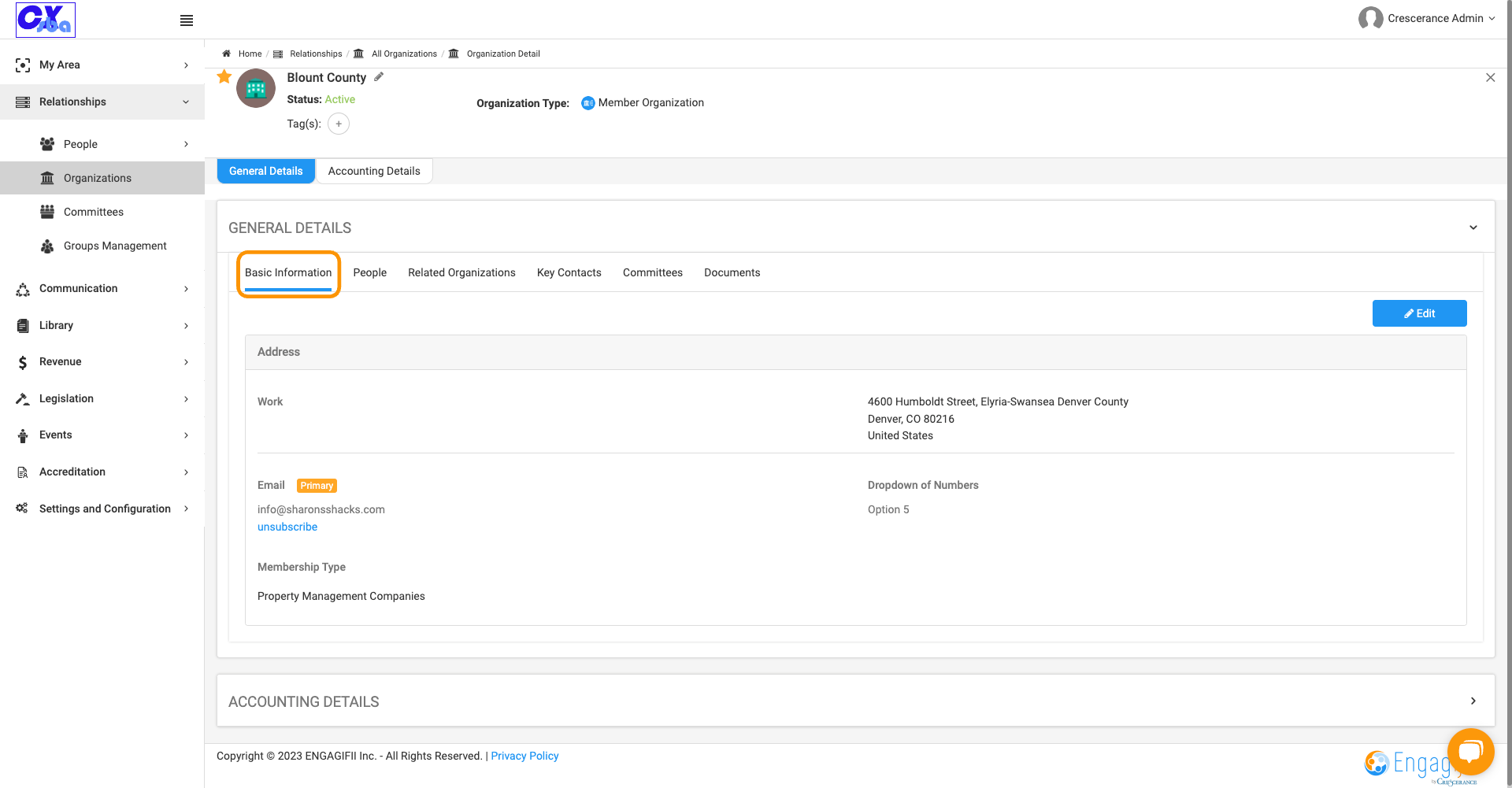 Click on General Details to view organization details