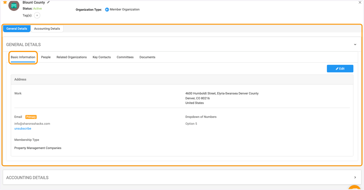 Click on General Details to view organization details