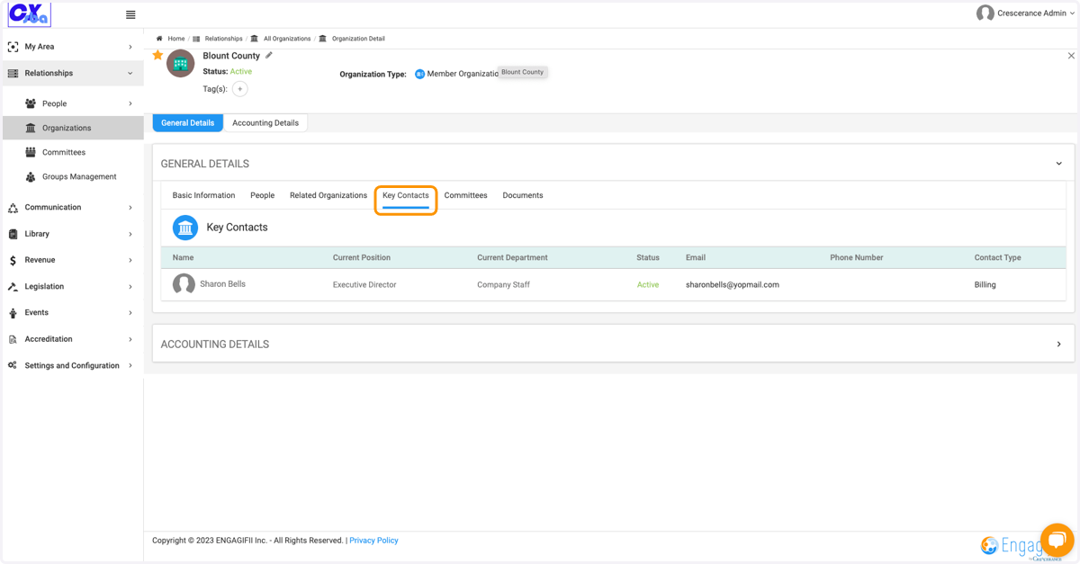 Click on Key Contacts to view