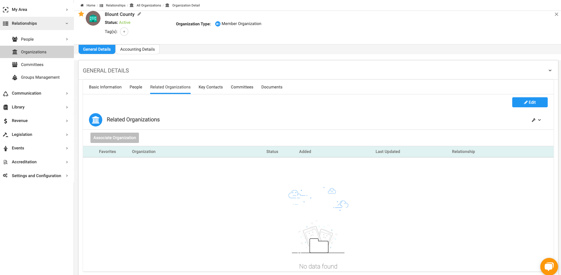 Click on Related Organizations to view any parent or other related organizations