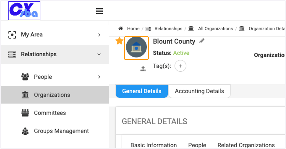 To add or change the organization icon, click on the image