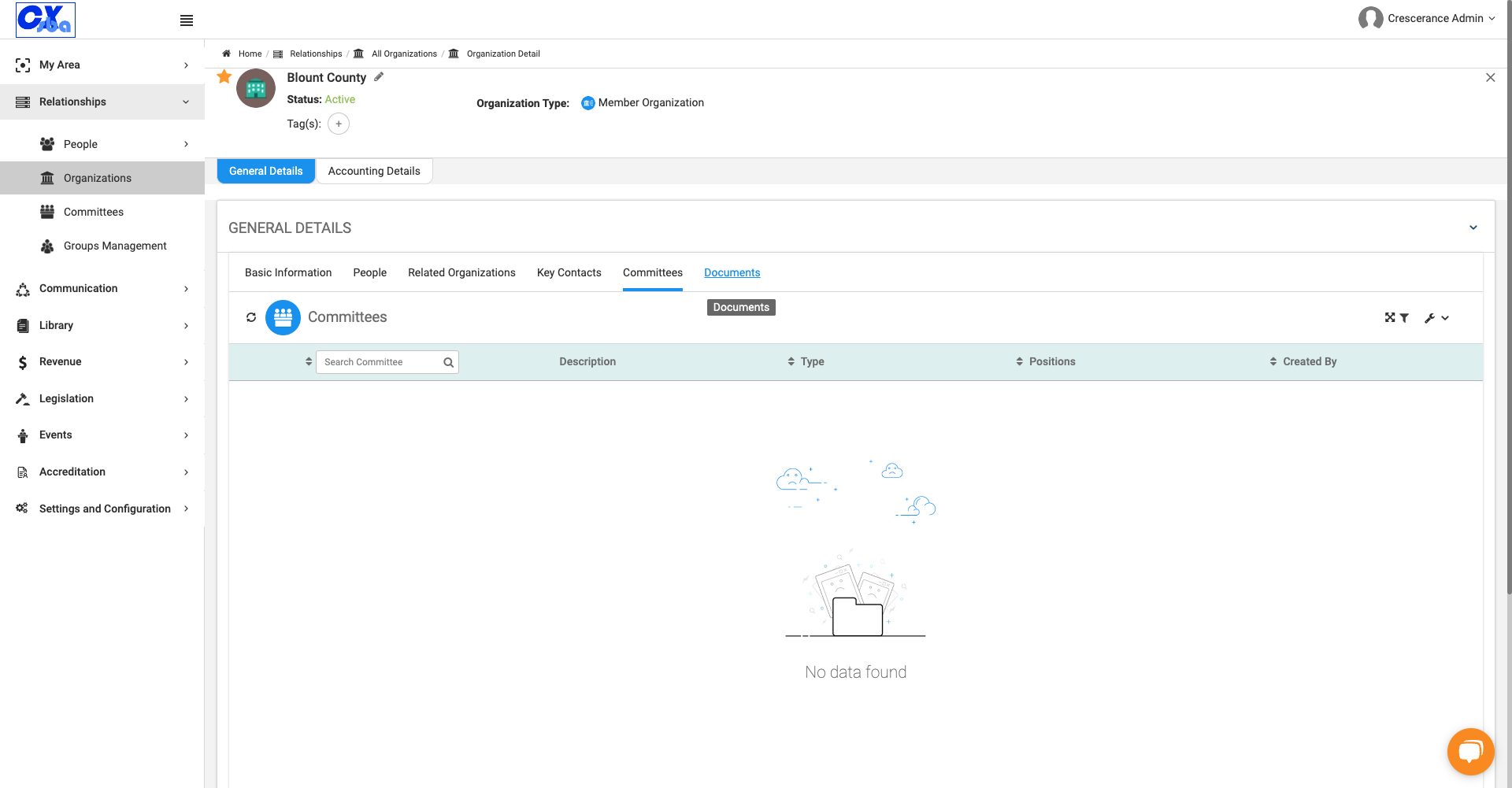 Click on Documents to view any stored documents