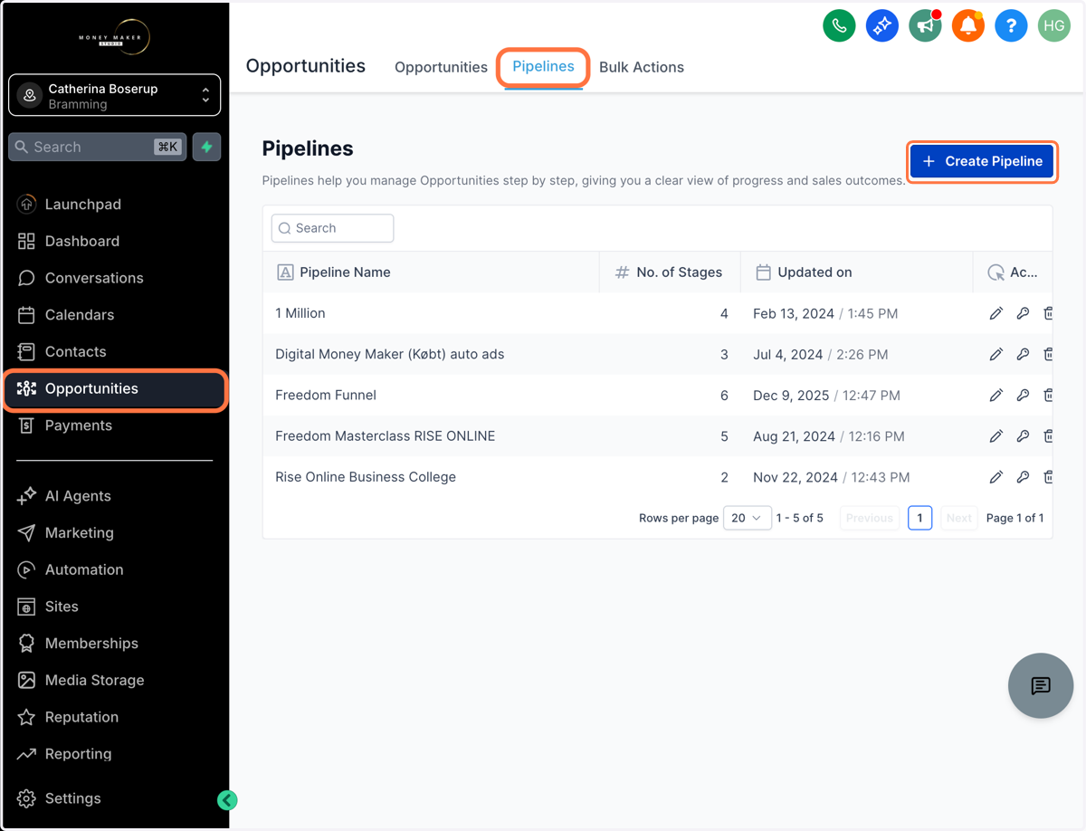 Gå til "Opportunities" - "Pipelines" og klik "Create Pipeline"