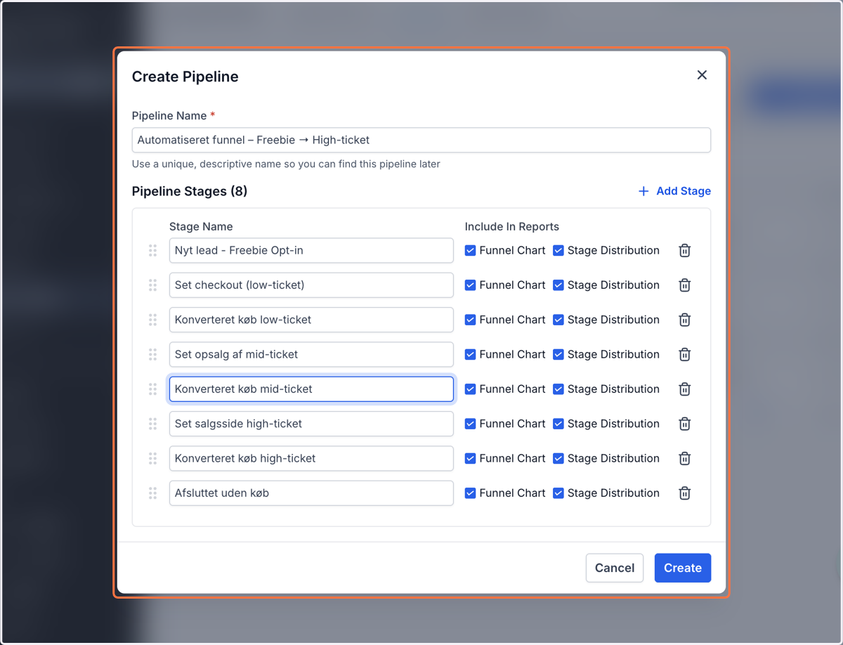 Navngiv din pipeline tydeligt fx "Automatiseret funnel – Freebie → High-ticket"