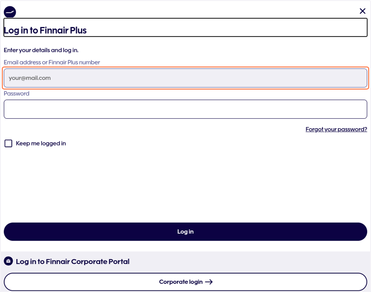 Click on Email address or Finnair Plus number