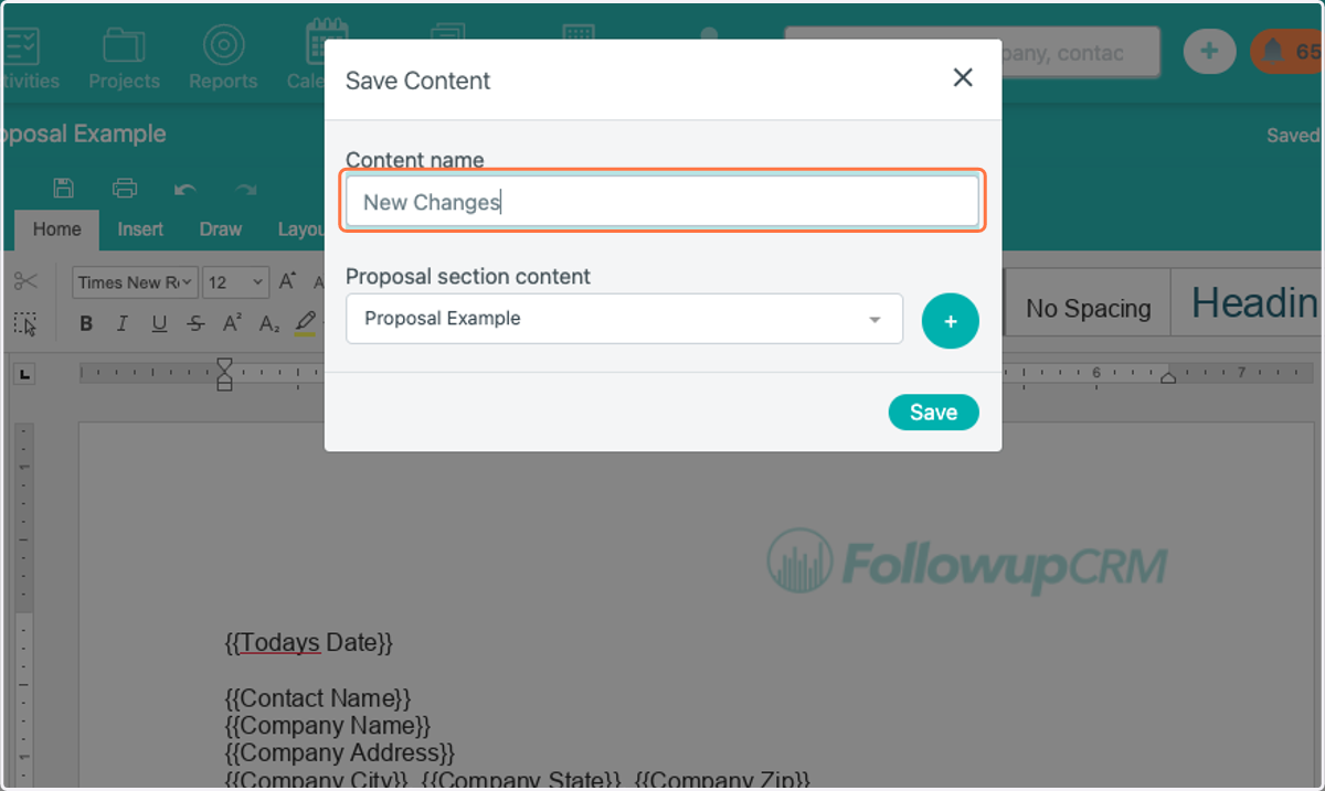 Name your new content, and choose where you'd like it to be stored in the Proposal Settings area.