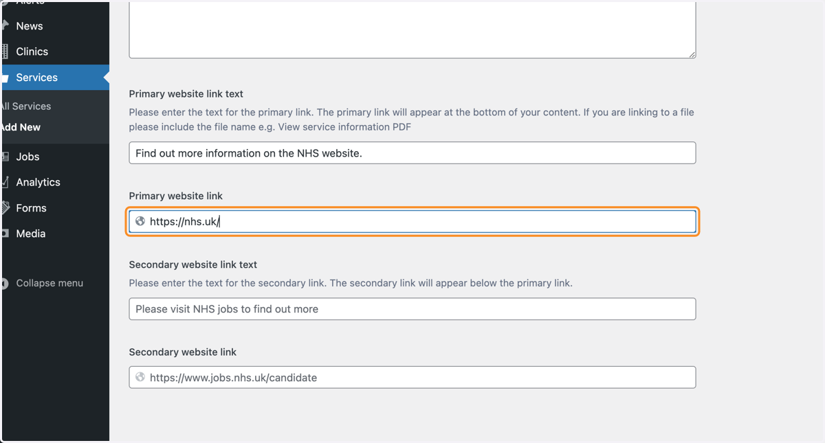 If you want to add any links, use the Primary website link text box, and Primary website link, to add a link.