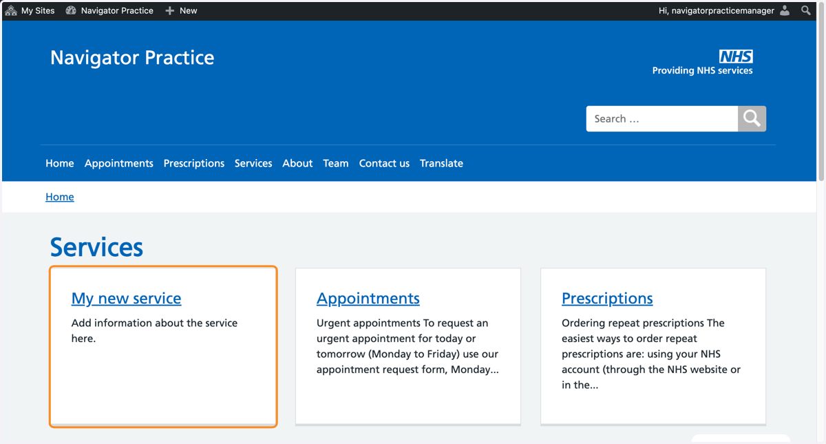 The new service at the top of the services page.
