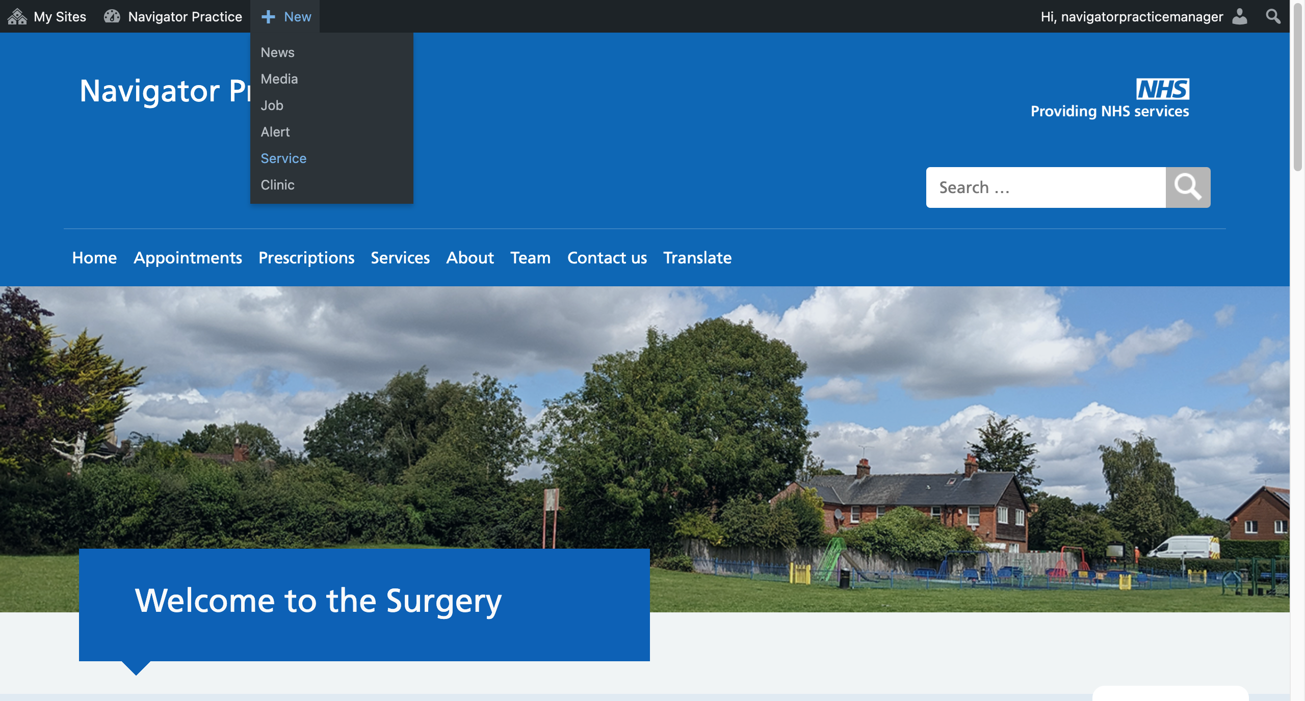 The + New drop-down with Service selected.