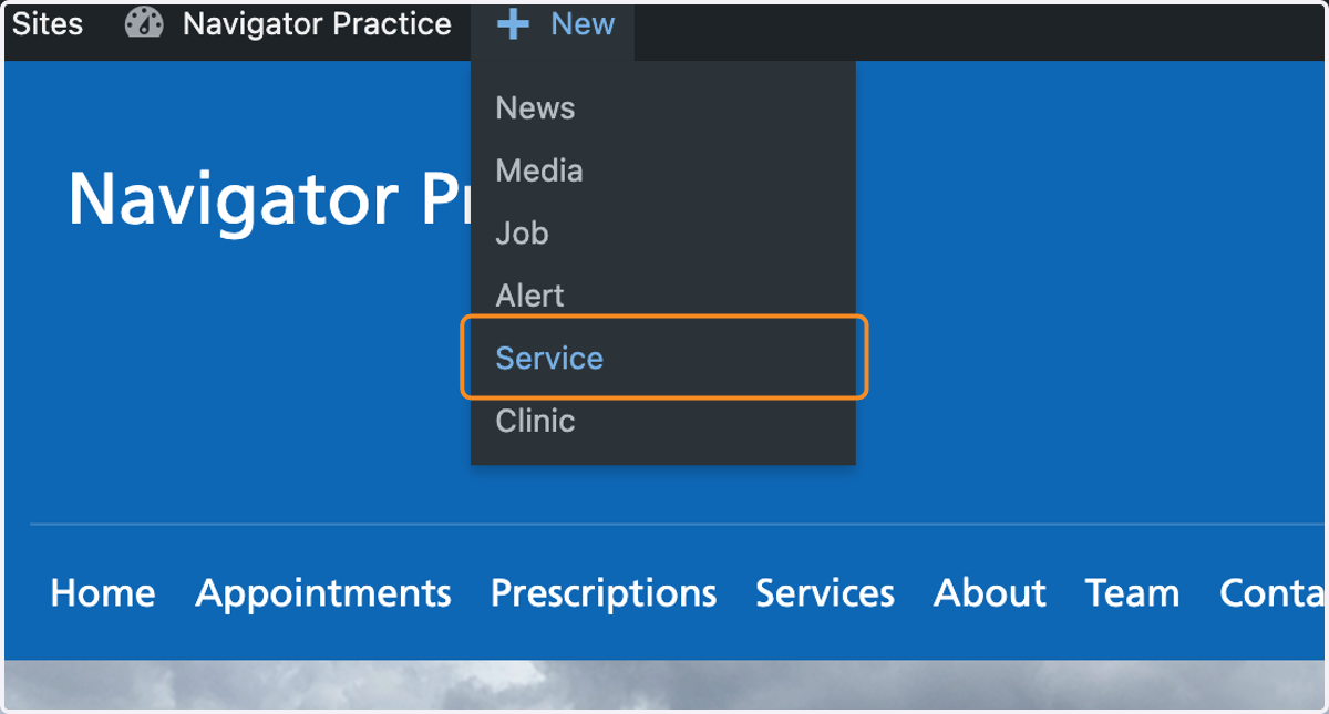 The + New drop-down with Service selected.
