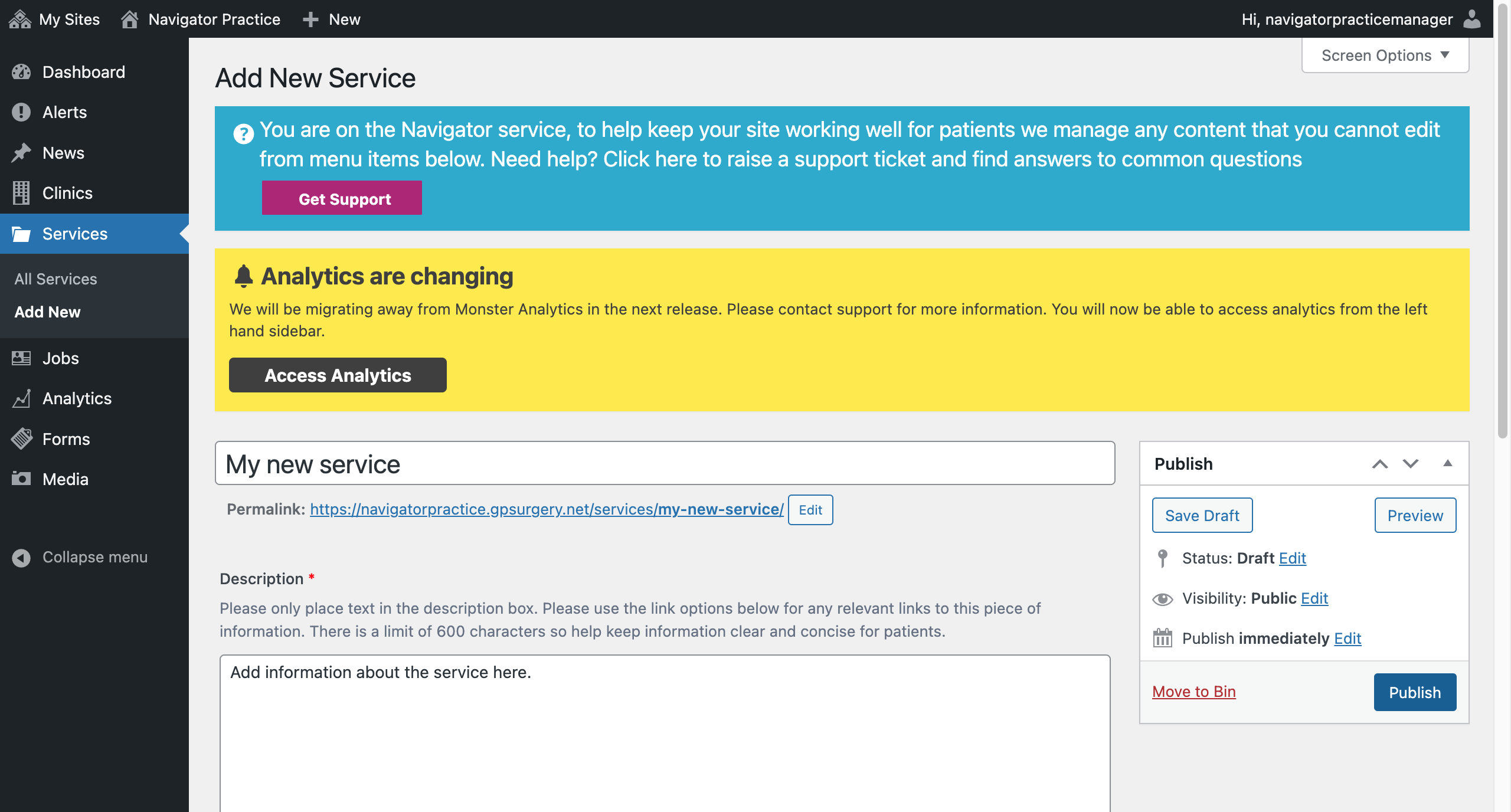 Once you are happy with the service, select the blue Publish button to add the new service to your website.