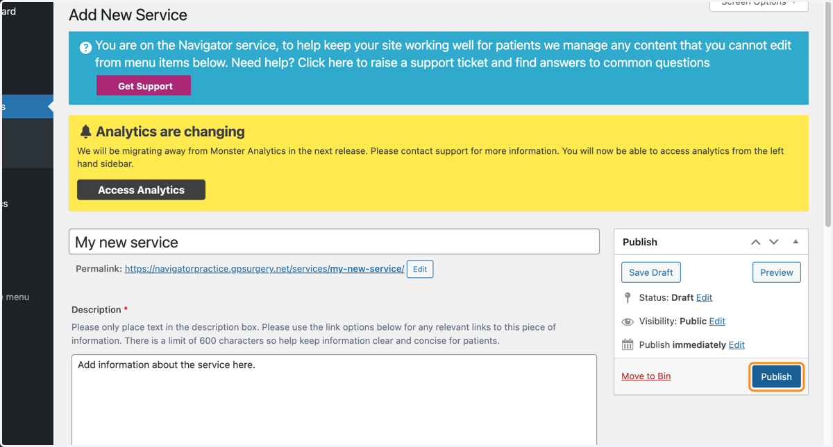 Once you are happy with the service, select the blue Publish button to add the new service to your website.