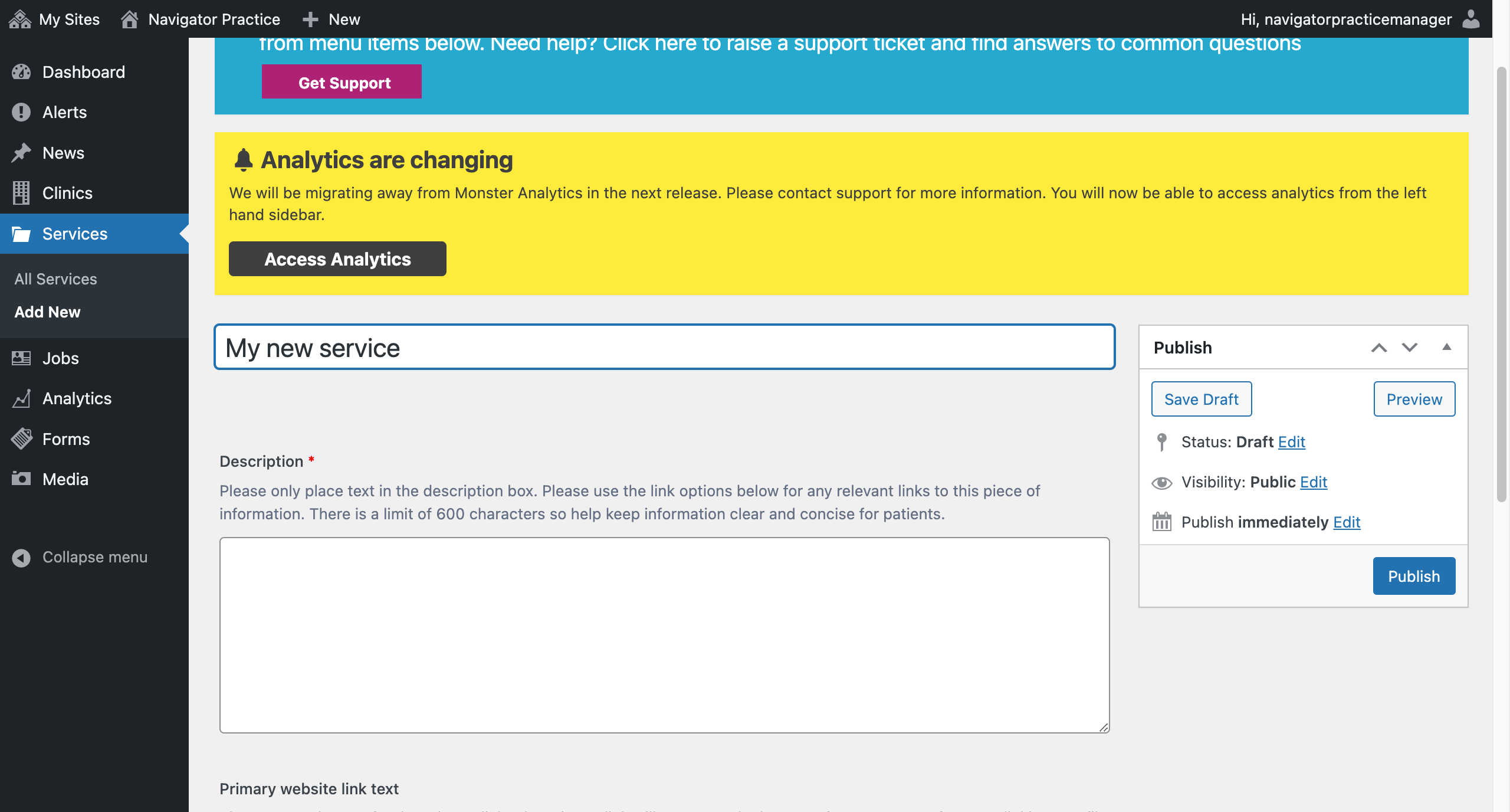 The Add New Service section, with the title box highlighted.