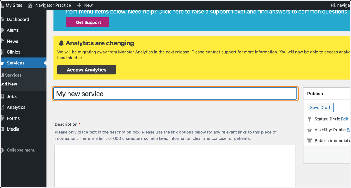 The Add New Service section, with the title box highlighted.