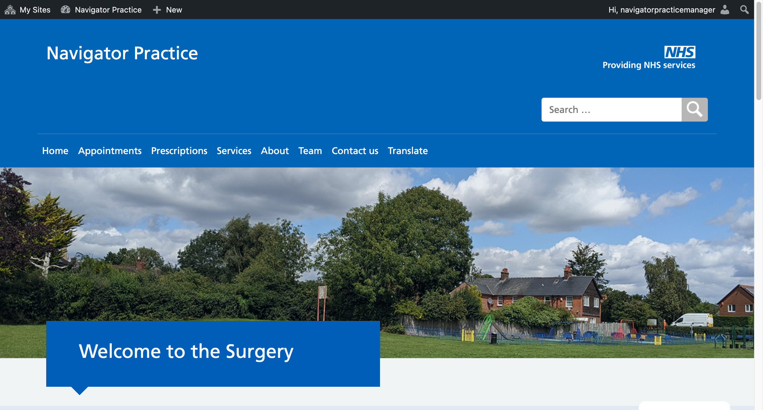 A Navigator site with the black admin toolbar visible at the top of the screen.
