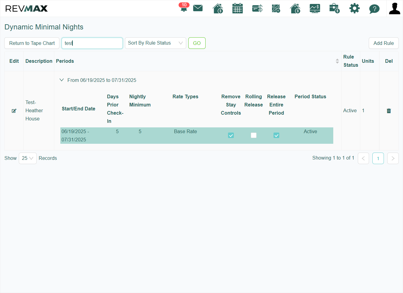 To verify the active rule applied to this unit, navigate to the Availability Rules > Dynamic Minimal Nights page. There, you’ll see the specific settings currently in effect.