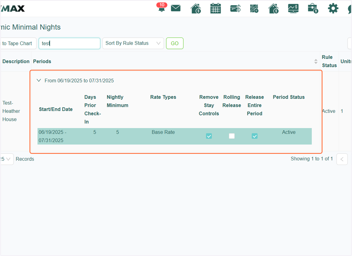 To verify the active rule applied to this unit, navigate to the Availability Rules > Dynamic Minimal Nights page. There, you’ll see the specific settings currently in effect.