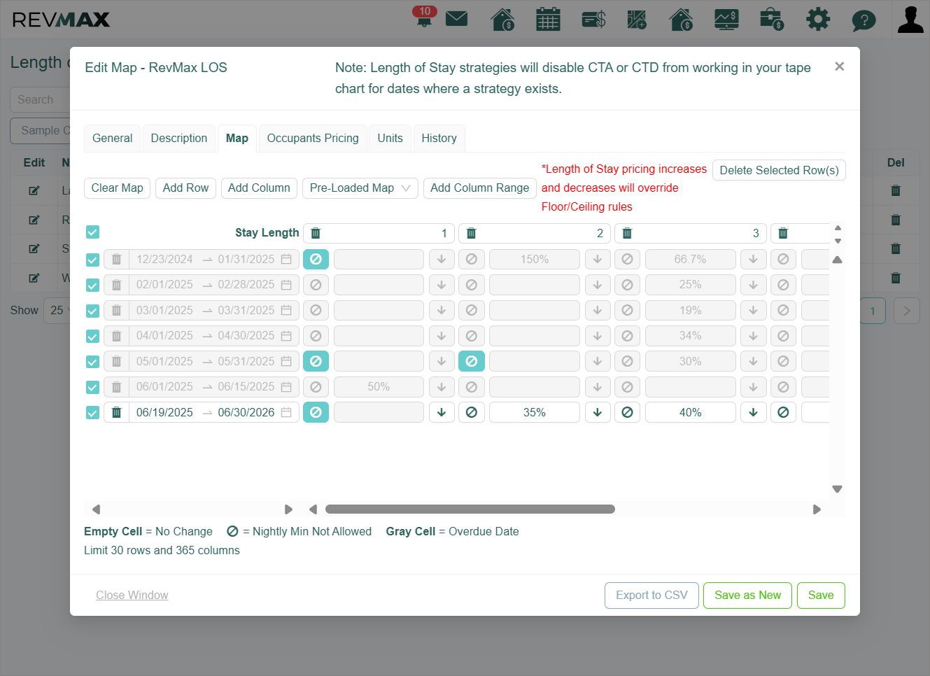 Since Length of Stay Pricing is active for this unit, you can review the LOS Map to check whether the dates set in the Dynamic Minimal Night rule align with those in the active LOS configuration.