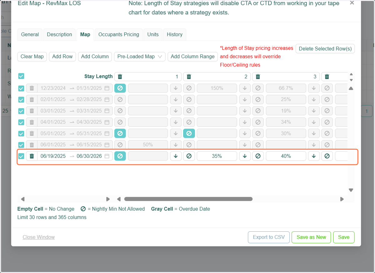 Since Length of Stay Pricing is active for this unit, you can review the LOS Map to check whether the dates set in the Dynamic Minimal Night rule align with those in the active LOS configuration.