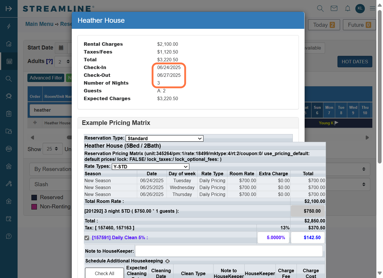 In this test booking for June 24–27, 2025, the system allowed a 3-night stay to be booked, even though a 5-night Dynamic Minimal Night rule was active. The LOS upcharge was applied, confirming that Length of Stay Pricing overrides the Dynamic Minimum