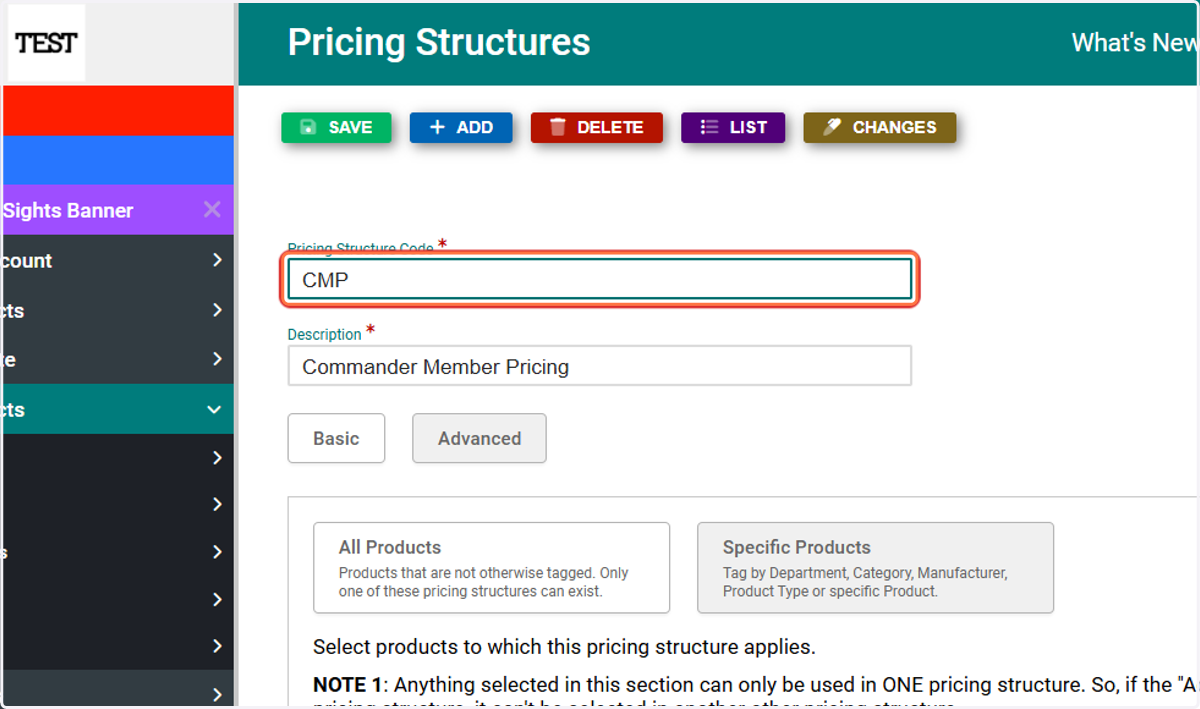 Pricing Structure Code