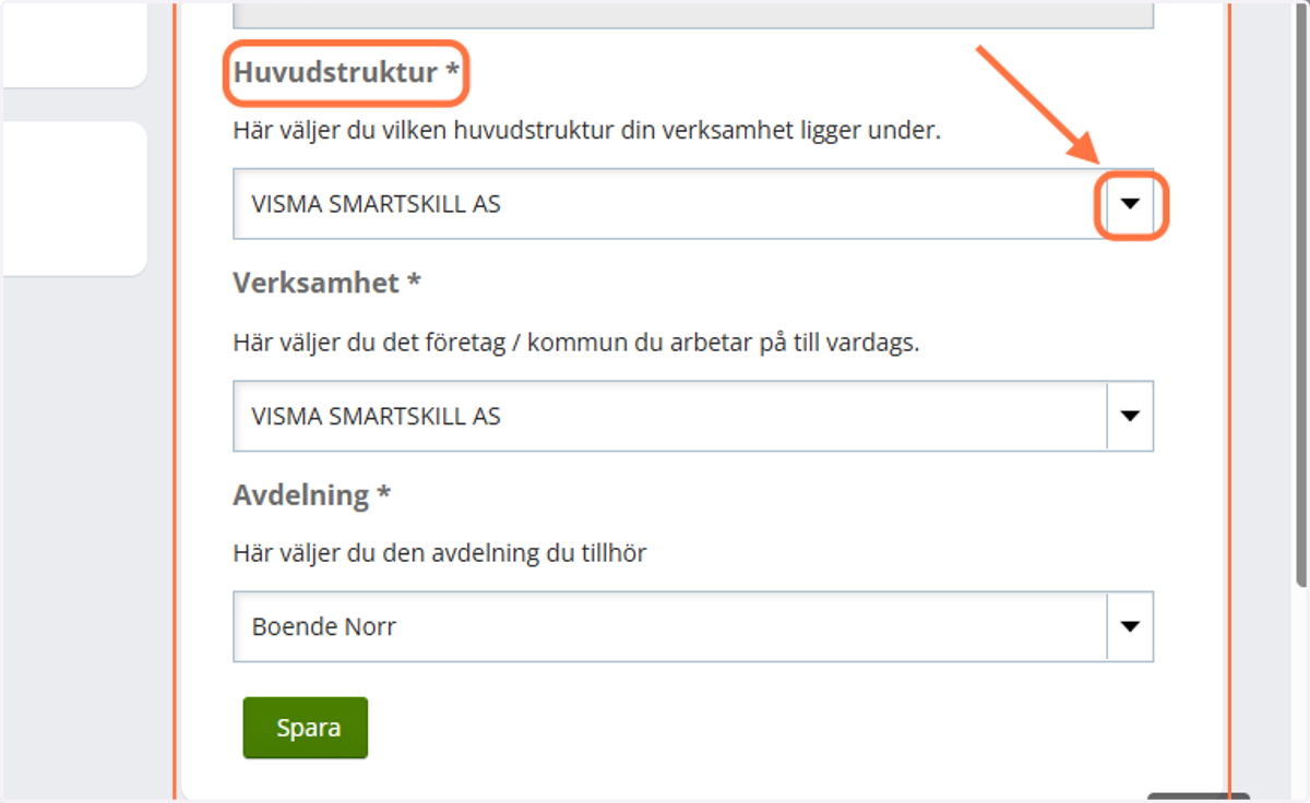 Börja med att välja ett alternativ under huvudstruktur. Du hittar de valbara alternativen genom att trycka på pilen till höger.