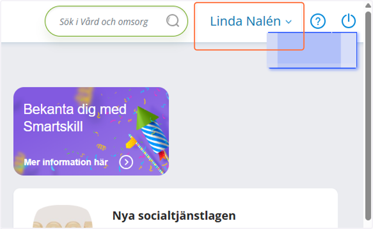 Tryck på ditt namn uppe i det högra hörnet inne i Smartskill.