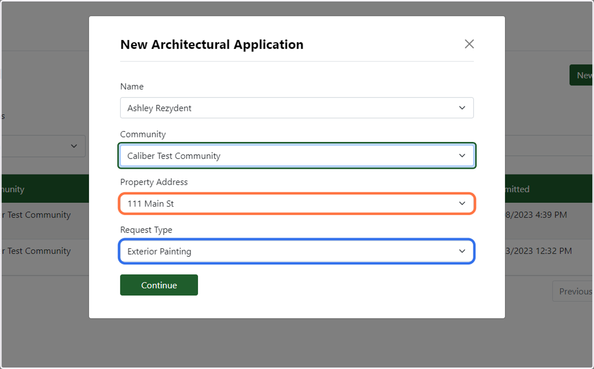 Select the community, address, and request type for your submission