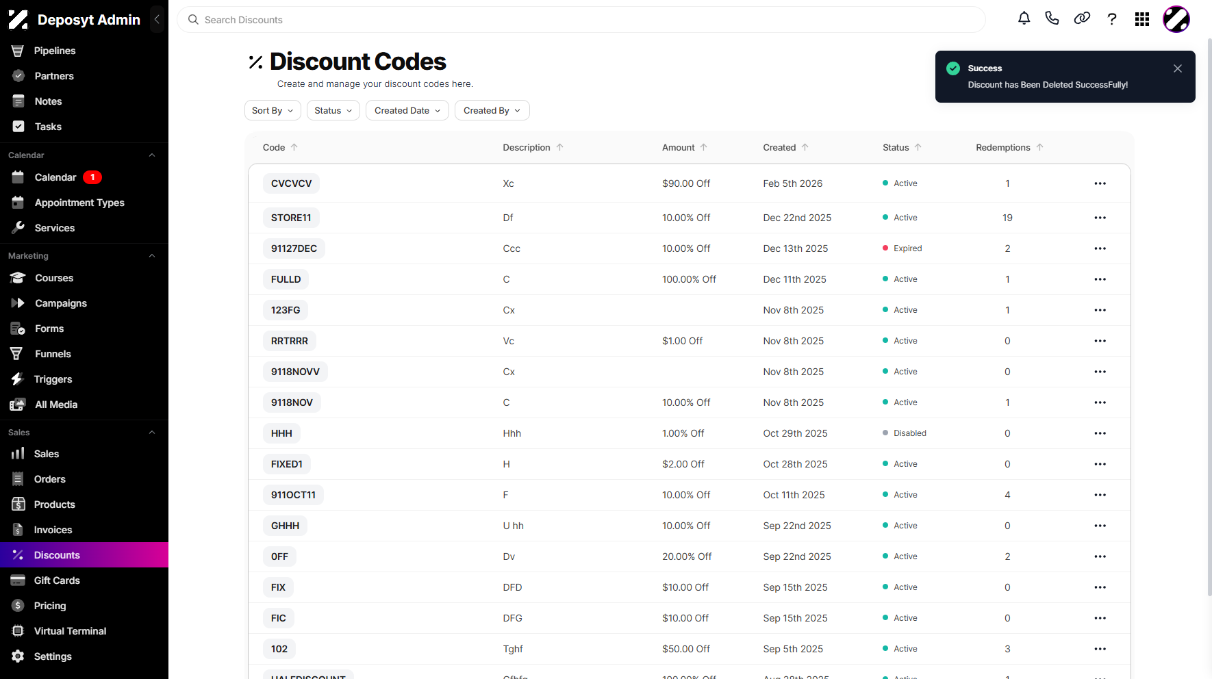 Step 6: A pop-up window will appear, confirming that the discount has been deleted successfully.