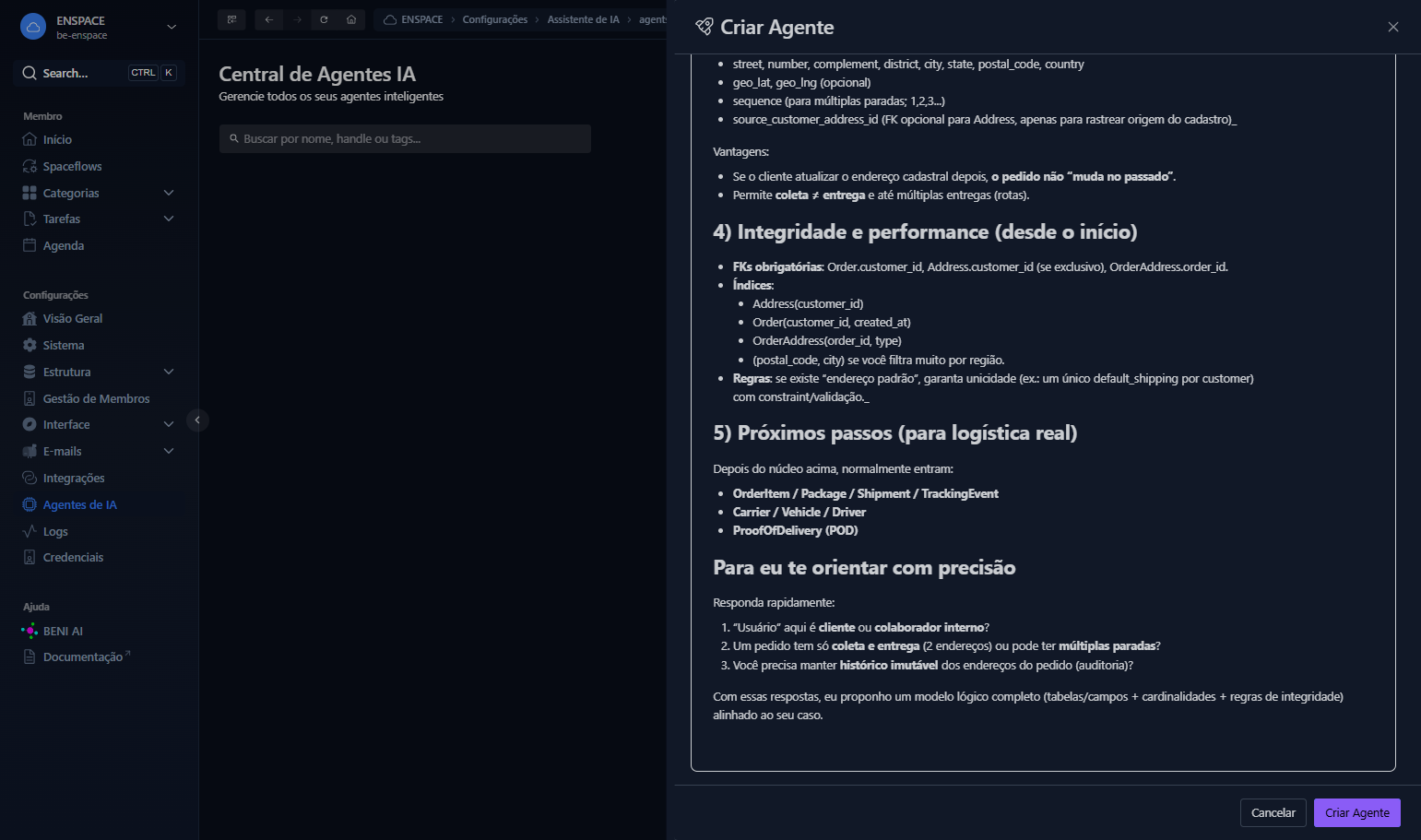 Observe o resultado gerado e, se validado, clique em criar agente