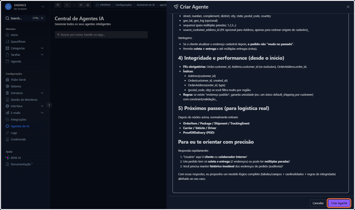 Observe o resultado gerado e, se validado, clique em criar agente